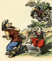 Ilustração do conto "Bon medor and Little Chevrette". Em "Contos da casa para os pequenos". Gravura anónima do século XIX.