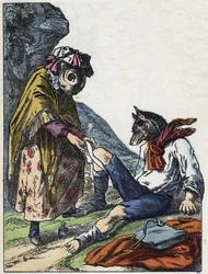 Ilustração do conto "Good Mom Mom Sheep". Em "Contos da casa para os pequenos". Gravura anónima do século XIX.