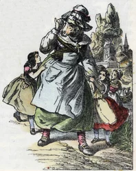 Ilustração do conto "Good Mom Mom Sheep". Em "Contos da casa para os pequenos". Gravura anónima do século XIX.