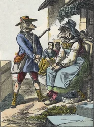 Ilustração do conto "Good Mom Mom Sheep". Em "Contos da casa para os pequenos". Gravura anónima do século XIX.