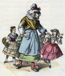 Ilustração do conto "Good Mom Mom Sheep". Em "Contos da casa para os pequenos". Gravura anónima do século XIX.