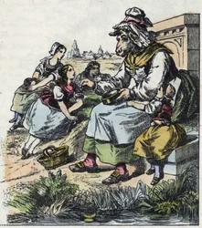 Ilustração do conto "Good Mom Mom Sheep". Em "Contos da casa para os pequenos". Gravura anónima do século XIX.