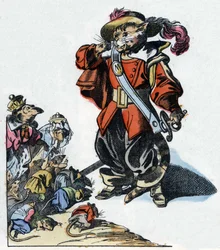 Ilustração do conto "O terrível personagem Raminagrobis e os ratos" desenha fábulas de Jean de la Fontaine. Em "Contos da casa para os pequenos". Gravura anónima do século XIX.