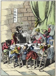 Ilustração do conto "O terrível personagem Raminagrobis e os ratos" desenha fábulas de Jean de la Fontaine. Em "Contos da casa para os pequenos". Gravura anónima do século XIX.