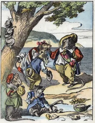 Ilustração do conto "O terrível personagem Raminagrobis e os ratos" desenha fábulas de Jean de la Fontaine. Em "Contos da casa para os pequenos". Gravura anónima do século XIX.