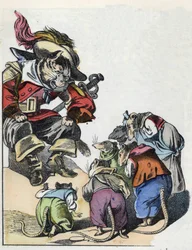 Ilustração do conto "O terrível personagem Raminagrobis e os ratos" desenha fábulas de Jean de la Fontaine. Em "Contos da casa para os pequenos". Gravura anónima do século XIX.
