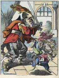 Ilustração do conto "O terrível personagem Raminagrobis e os ratos" desenha fábulas de Jean de la Fontaine. Em "Contos da casa para os pequenos". Gravura anónima do século XIX.