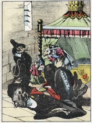 Ilustração do conto "O terrível personagem Raminagrobis e os ratos" desenha fábulas de Jean de la Fontaine. Em "Contos da casa para os pequenos". Gravura anónima do século XIX.