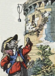 Ilustração do conto "O terrível personagem Raminagrobis e os ratos" desenha fábulas de Jean de la Fontaine. Em "Contos da casa para os pequenos". Gravura anónima do século XIX.