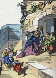 Ilustração do conto "O terrível personagem Raminagrobis e os ratos" desenha fábulas de Jean de la Fontaine. Em "Contos da casa para os pequenos". Gravura anónima do século XIX.