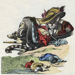 Ilustração do conto "O terrível personagem Raminagrobis e os ratos" desenha fábulas de Jean de la Fontaine. Em "Contos da casa para os pequenos". Gravura anónima do século XIX.