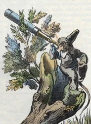 Ilustração do conto "O terrível personagem Raminagrobis e os ratos" desenha fábulas de Jean de la Fontaine. Em "Contos da casa para os pequenos". Gravura anónima do século XIX.
