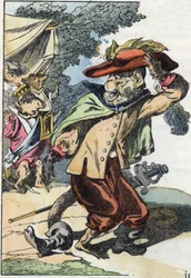 Ilustração do conto "O terrível personagem Raminagrobis e os ratos" desenha fábulas de Jean de la Fontaine. Em "Contos da casa para os pequenos". Gravura anónima do século XIX.