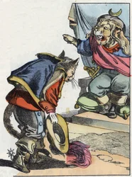 Ilustração do conto "O terrível personagem Raminagrobis e os ratos" desenha fábulas de Jean de la Fontaine. Em "Contos da casa para os pequenos". Gravura anónima do século XIX.