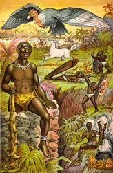 Ilustração com monstros imaginários da África intitulada "superstições africanas ilustradas" (ciclopes, unicórnio...), cerca de 1889.