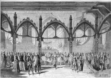 Teatro Imperial da Ópera Cómica: Cena IV, Acto II da ópera "O Primeiro Dia da Felicidade" de Daniel Francois Esprit Auber (1782-1871). Gravura em "O Universo Ilustre".