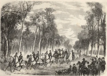 A caça imperial em Compiegne na presença de Napoleão III (1808-1873) e Imperatriz Eugenie (1826-1920). Gravura em "Le Monde illustrious" de 1857. Coleção privada.