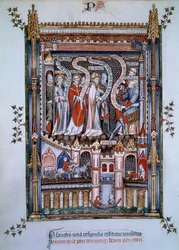 No centro de Saint Denis, diante do governador Fescennius, encarregado pelo imperador Diocleciano de executar Saint Denis, um cristão que veio evangelizar Paris, foi acompanhado por Eleuthere, o sacerdote, e Rustique, o diácono, também mártires entre 250 e