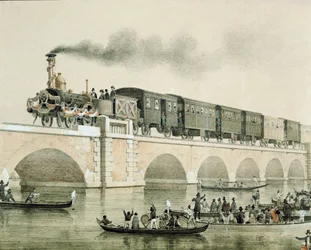 Inauguração da ponte sobre a lagoa de Veneza para conectar a cidade com o continente (Litografia