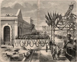 Inauguração da linha férrea de Toulouse para Sete em 1857. Gravação no "Le Monde ilustre" de 1857. Colecção privada.