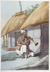 Cultura, civilização e sociedade indiana: músico com flauta tradicional indiana. Gravura a partir de 1808.