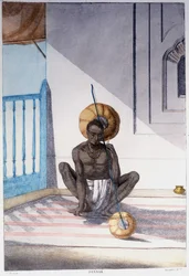 Cultura, civilização e sociedade indiana: músico com instrumento de cordas tradicional indiano. Gravura a partir de 1808.