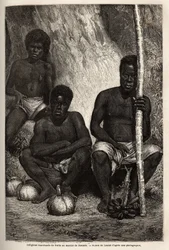 Comerciante de fruta indígena, no mercado de Noumea (Nova Caledónia). Gravura para ilustrar a viagem à Nova Caledônia de 1863 a 1866, de Jules Garnier, engenheiro civil de minas, no "Le tour du monde, nouveau journal des voyages" publicado sob o título "Le