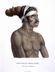 Corte Indígena de Rou-Bari-Gal de New Holland - em "Journey of Discoveries to the Southern Lands", por Lesueur e Peer
