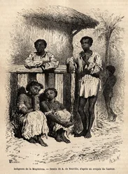 Povos indígenas da Magdalena (rios), nas ruas da cidade de Mompox (Colômbia). Gravura para ilustrar a viagem a Nova Granada, pelo Dr. Saffray, em 1869, publicada em "Le tour du monde" 1872, editada por Edouard Charton, edição Hachette,
