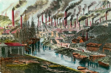 Revolução Industrial: vista geral da fábrica de cobre do Sr. Vivian em Swansea, País de Gales. Gravura do século XIX. Colecção particular.