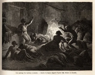 Dentro de um Caribou Inn (Canadá), à meia-noite, caçadores e mineiros intoxicados cantam, depois caem no chão, ou adormecem em um cobertor. Gravura para ilustrar a viagem do Atlântico para o Pacífico (route du nord ouest par les terres), em 1862-1864 b