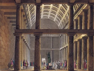 Interior do Pártenon - Estátua da deusa Atena (Minerva) dentro do Pártenon de Atena, Grécia Antiga - Gravura por volta de 1820