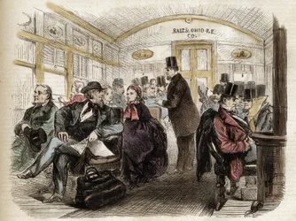 Interior de um vagão na Baltimore & Ohio Railroad, EUA - 1861 - interior de um vagão americano em 1860