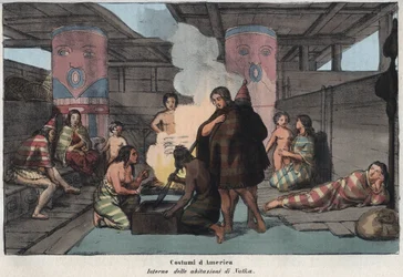 Interior de uma grande casa comunal em Nootka Sound, com os aldeões fumando e secando peixe, dormindo e cuidando das crianças - (Ilha Nootka) - "Interieur d