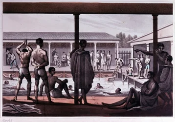 Interior de uma escola de natação, Londres, início do século XIX.
