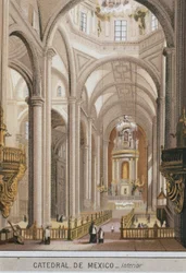 Vista interior da catedral de Guadalajara, na Cidade do México, México. Cromolitografia por volta de 1880