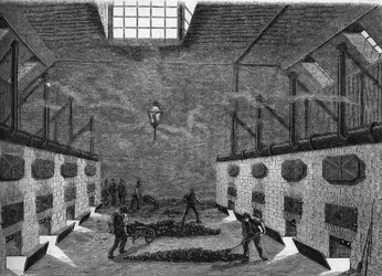 Vista interna de uma fábrica de gás. Gravura de 1860-1861.