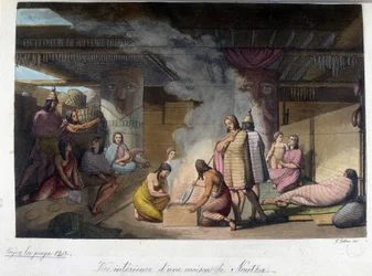 Vista interna de uma casa em Nutka, Rússia. Em "O traje antigo e moderno" 1819-1820, de Ferrario.