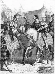 Entrevista de François 1st e Henrique VIII. Gravura do século XIX.