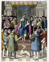 Entrevista com François 1st (1494 - 1547) e Henrique VIII (1491 - 1547) da Inglaterra. Gravura do século XIX.