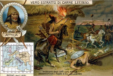 Invasão dos hunos sob Attila, apelidado de flagelo de Deus, em 444 - Liébig vinheta publicitária