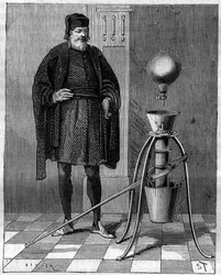Invenção: Máquina pneumática de Otto de Guericke (Otto de Guericke) (1602-1686), inventor alemão. Gravura em "La Nature".