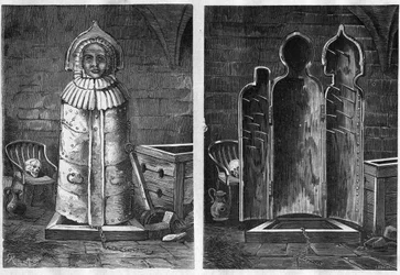 Donzela de ferro (instrumento de tortura) - Virgem de ferro ou virgem de Nuremberga, instrumento de tortura em forma de sarcófago de ferro ou madeira (vergine di Norimberga - eiserne Jungfrau) - gravura de 1881