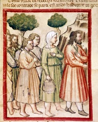 Isaac e sua família que sofre de fome emigrando para as terras do rei Abimelech Miniature do códice 212 (ou códice padovano ou Bíblia de Pádua) 1390-1400 Rovigo, Accademia dei Concordi