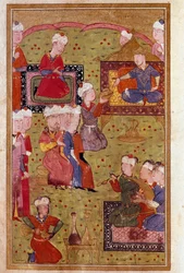 Arte Islâmica: banquete na presença do Sultão com músicos. Miniatura de um manuscrito do século XVI Veneza Biblioteca Marciana