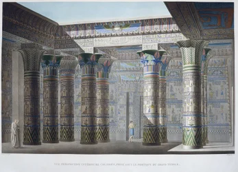 Ilha de Filae: Vista colorida em perspectiva interior, tirada sob o pórtico do Grande Templo - em "Descrição do Egipto", Edições Imperiais