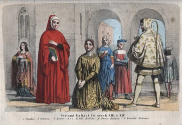 Moda italiana dos séculos XIII e XIV - Cenni di Pepo, dit Cimabue (1240-1302) - Francesco Petrarca (Petrarca) (1304-1374) - Laura de Noves (1310-1348) - Nobres italianos - Mulher italiana - Donzela italiana - gravura de "Usi e Costumi di Tutti i i i