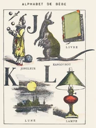 JKL: malabarista, canguru, livro, lua, lâmpada
