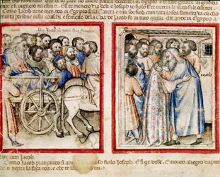 A partida de Jacó para o Egito e seu reencontro com seu filho Joseph Miniature do códice 212 (ou códice padovano ou Bíblia de Pádua) 1390-1400 Rovigo, Accademia dei Concordi