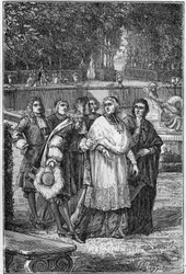 Jacques-Benigne (Jacques Benigne) Bossuet (1627-1704), prelâteau francês e escritor no beco dos filósofos em Versalhes. Gravura do século XIX.
